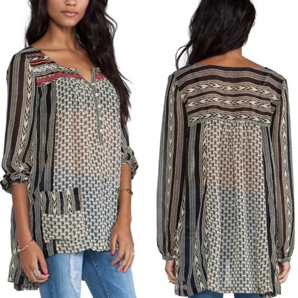 ✨NWT Free People Black Semi Sheer Chevron Embellished Blouse Top Size XS